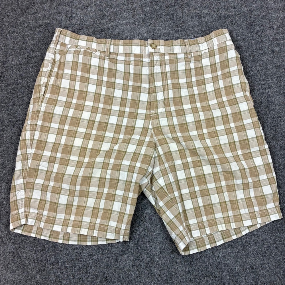 Black Brown 1826 Mens Tan White Plaid Cotton Flat Front Shorts Mens Size W36
